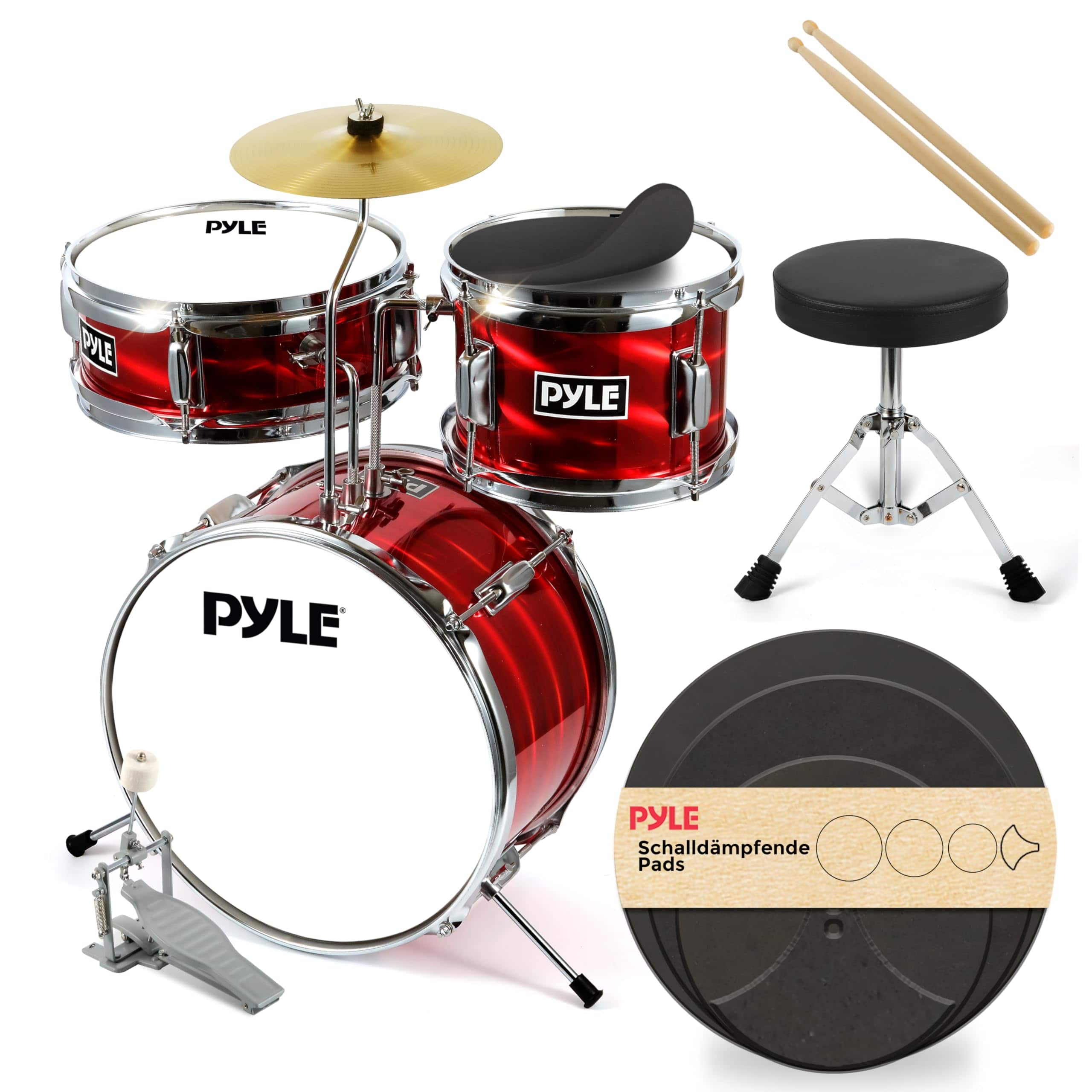 Pyle - 8-Piece Kids Drum Set, 3-Piece Beginner Kit with Bass Drum, Snare, Tom, Cymbal, Adjustable Throne - PDRMKIT72RD