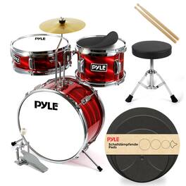 Pyle - 8-Piece Kids Drum Set, 3-Piece Beginner Kit with Bass Drum, Snare, Tom, Cymbal, Adjustable Throne - PDRMKIT72RD