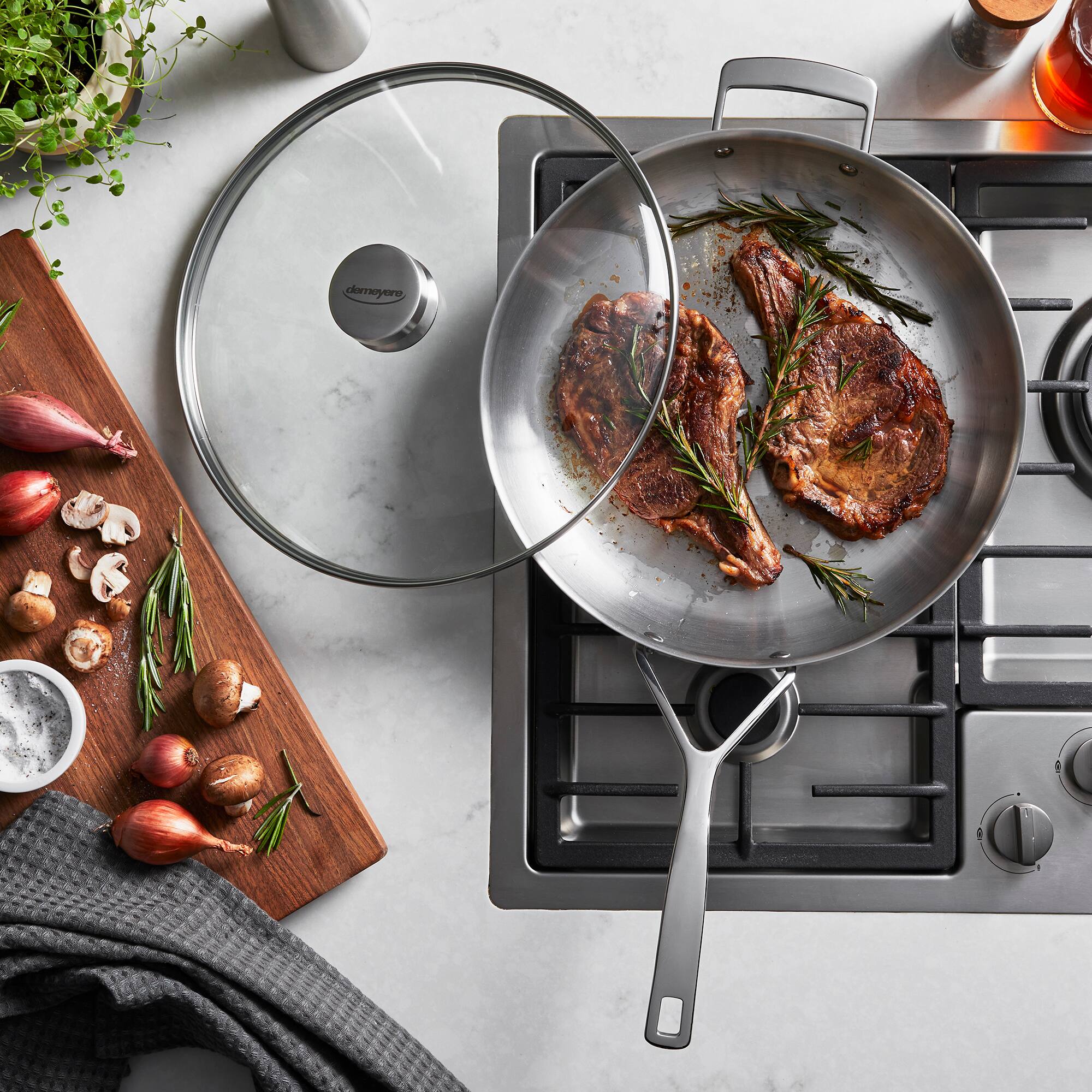 Alt View 1. Demeyere - Demeyere Essential 5-ply 12.5-inch Stainless Steel Fry Pan with Lid - Stainless Steel.