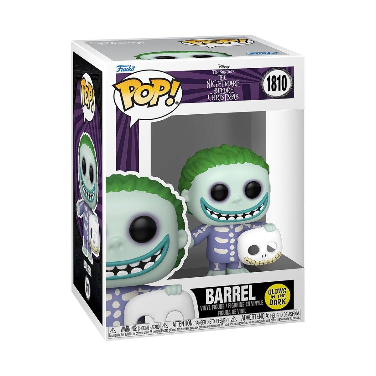 Disney  
POP! Funko  
Disney TIM BURTON'S THE NIGHTMARE BEFORE CHRISTMAS  
1810  
BARREL GLOWS IN THE DARK VINYL FIGURE / FIGURINE EN VINYLE / FIGURA DE VINIL  
ADVERTENCIA: PELIGRO DE ASFIXIA, ADVERTENCIA: DANGER D'ASPIRATION, ATTENTION: DANGER D'ETOUFFEMENT, WARNING: CHOKING HAZARD, Ne convient pas aux enfants de moins de 36 mois, Small parts. Not for children under 36 months.