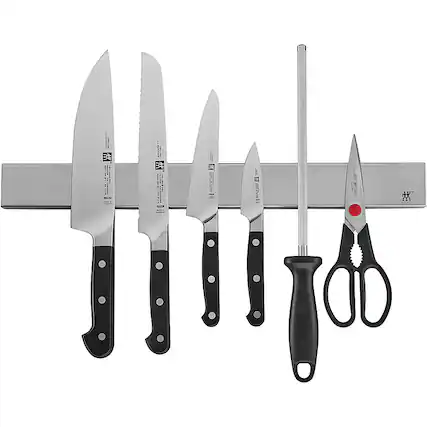 Angle. ZWILLING - Pro 7-pc Knife Set With 17.5-inch Stainless Magnetic Knife Bar - Black.