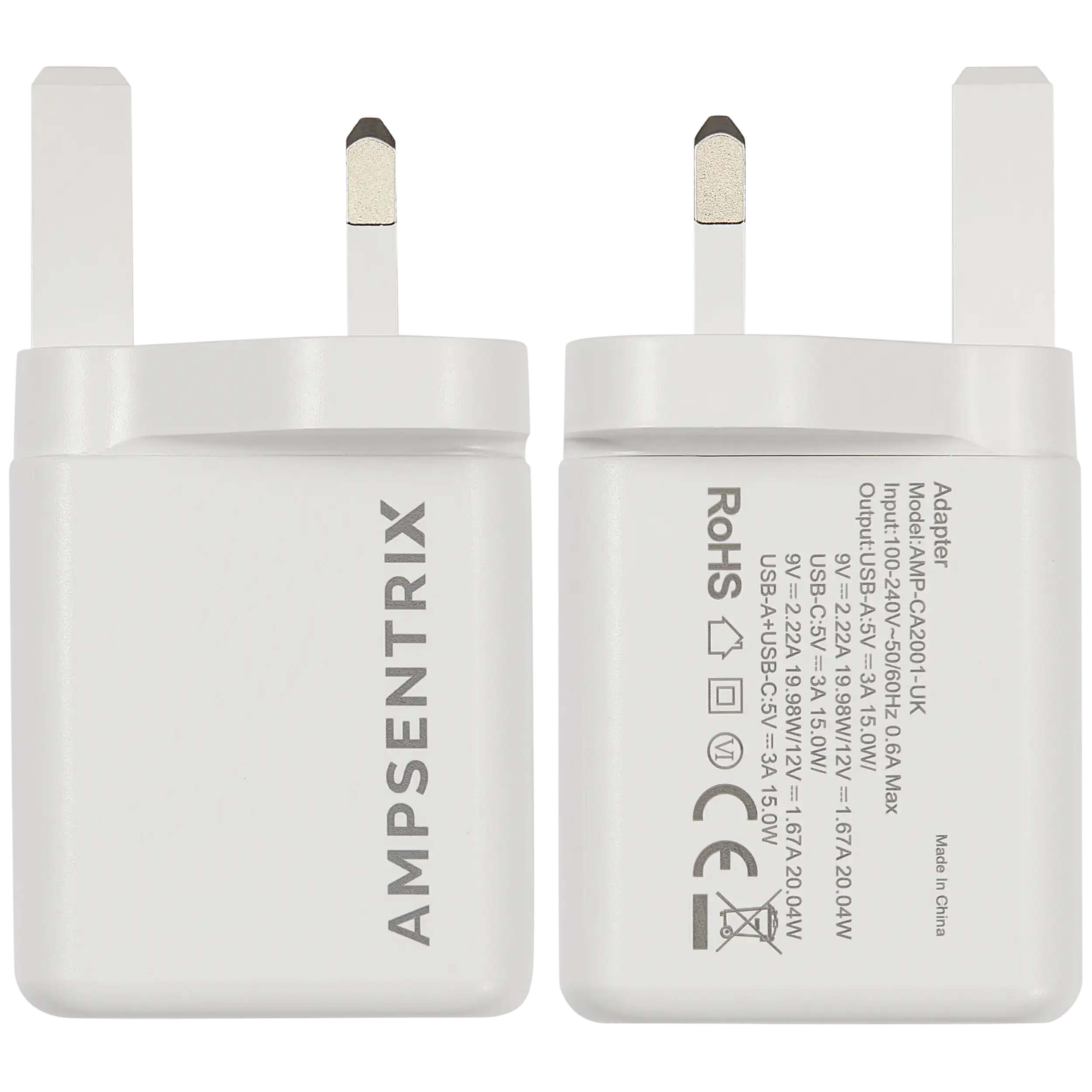 AMPSENTRIX  
Adapter RoHS  
Output:  
USB-A: 5V  
USB-A+USB-C: 5V, 9V, 2.22A  
USB-C: 5V, 9V, 2.22A  
Input: 100-240V~50/60Hz  
Model: AMP-CA2001-UK  
VI El 19.98W/12V 2V 15.0W/ 19.98W/12V 15.0W/ Aa.0 0 Il Il Max 1 15.0W 67A .67A  
CEA M  
Made in China
