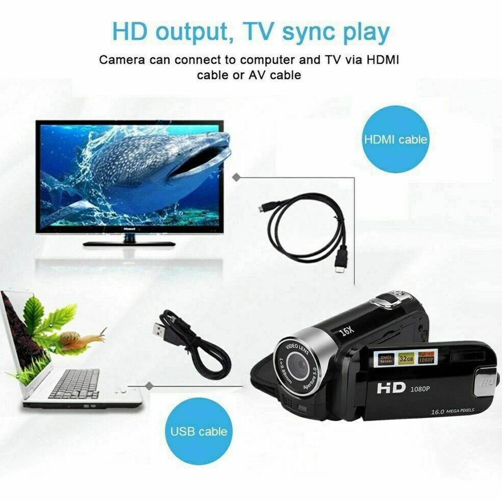 HD output, TV sync play  
Camera can connect to computer and TV via HDMI cable or AV cable  

- HDMI cable
- USB cable

HD 1080P  
16.0 MEGA PIXELS  
VIDEO LENS  
16X  
32G8  
1080P