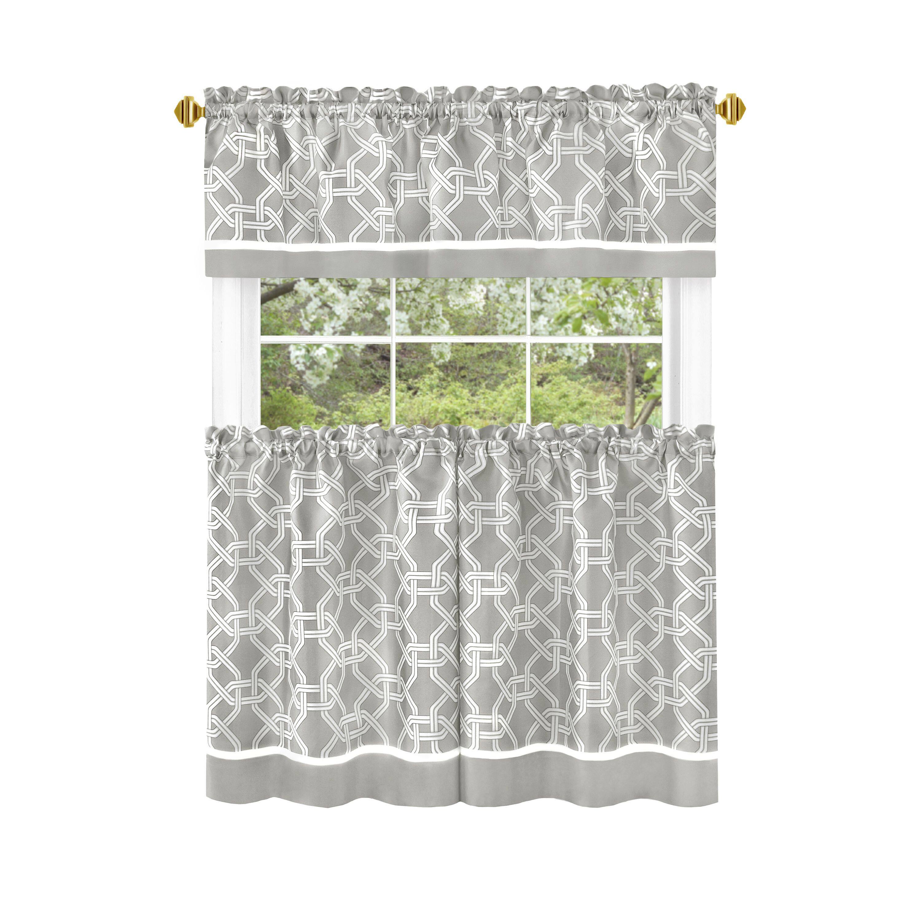 Left. Kate Aurora - Kate Aurora Geometric Crescent 3 Piece Rod Pocket Cafe Kitchen Curtain Tier & Valance Set - 24 in. Long - Gray - Gray.