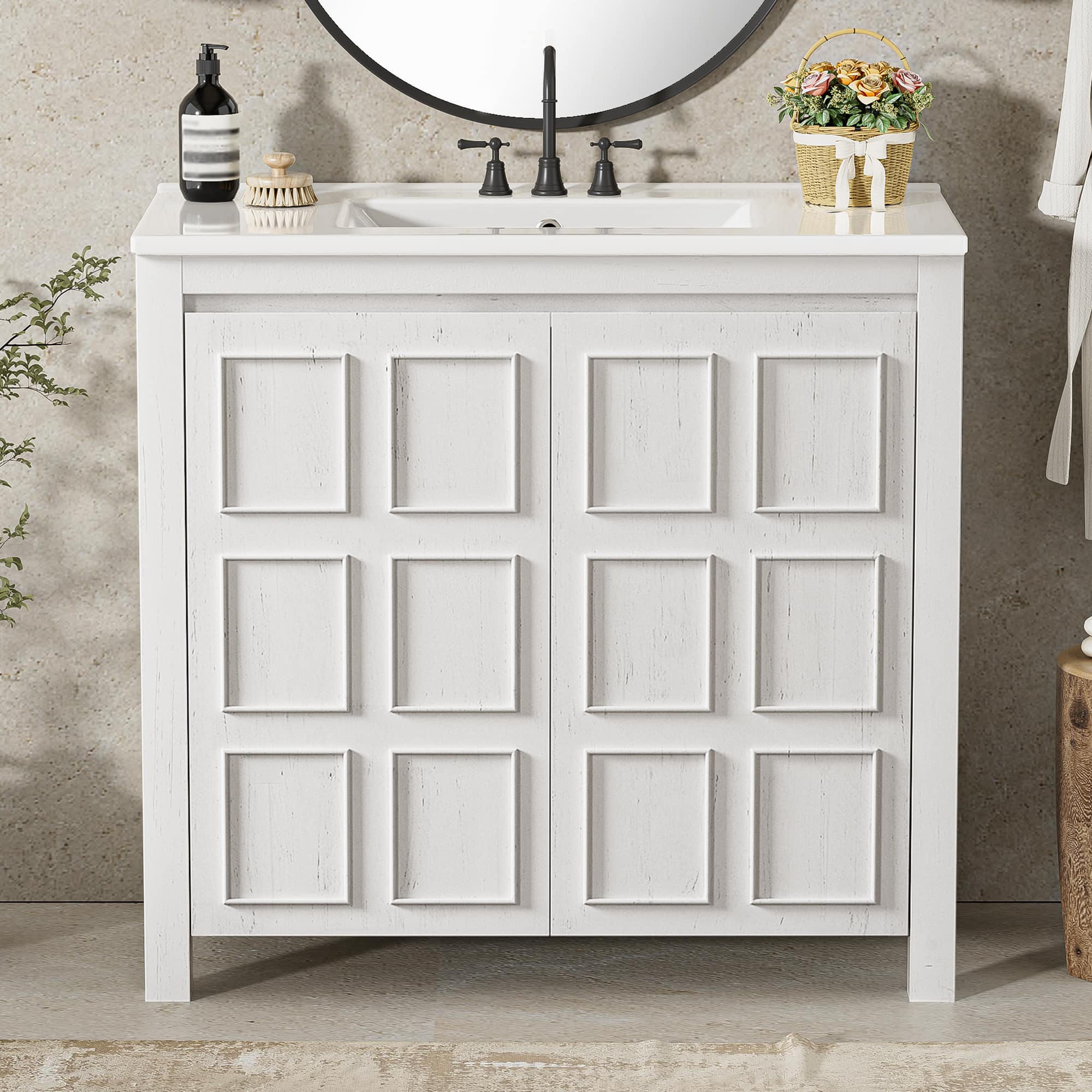 Tiramisubest - 36 " Bathroom Vanity Organizer with Ceramic Sink, Set Bathroom Storage Cabinet - Antique White