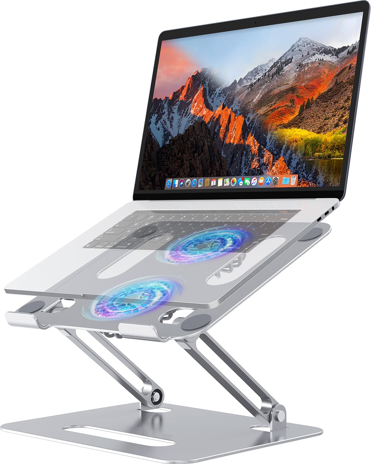 HongFei - Adjustable Laptop Cooling Stand with 2 Quiet Fans & RGB Lighting, Aluminum Alloy & Foldable Design for 10-16 Inch - Silver