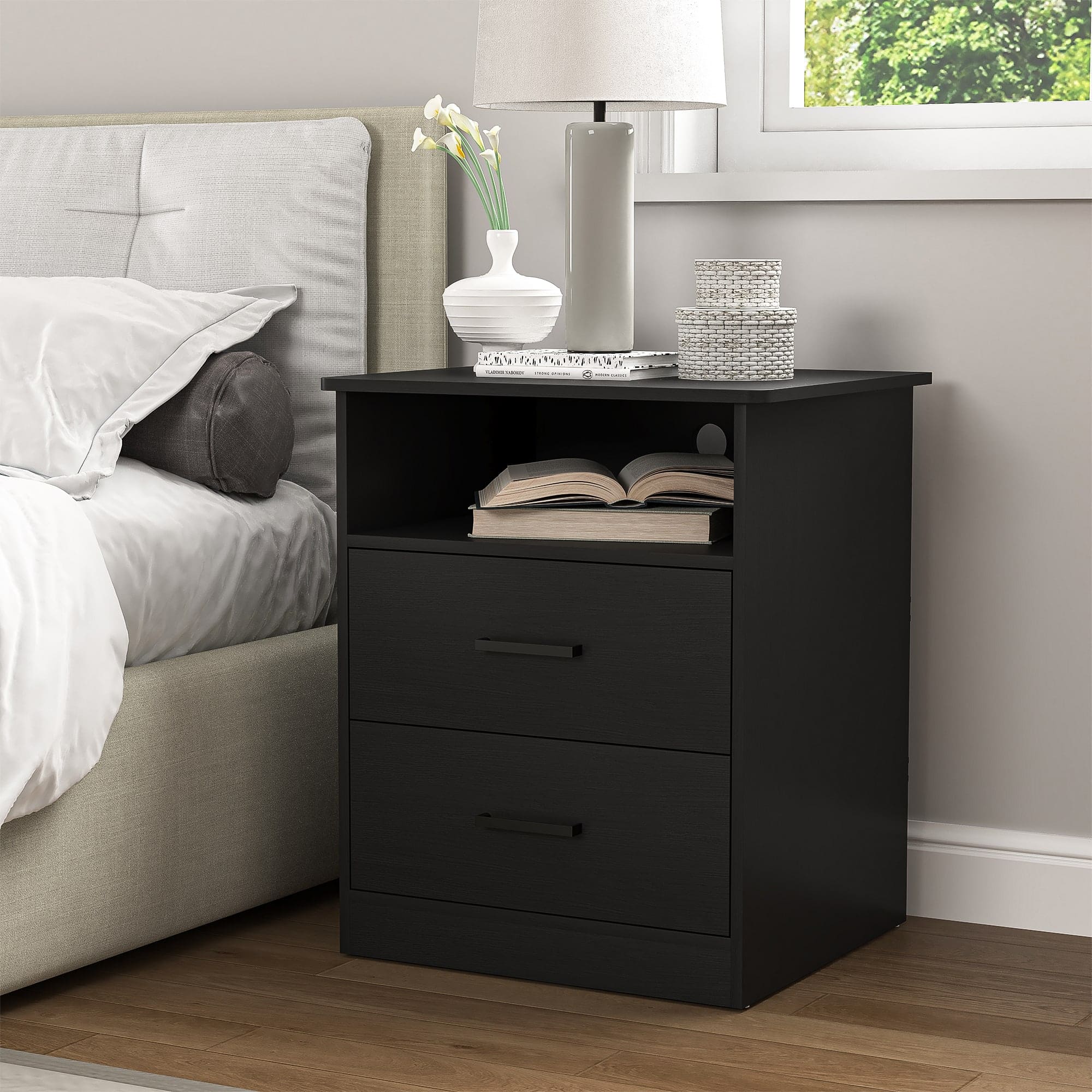 Front. Kadyn - Kadyn Wood Nightstand With Charging Station, Bedside Table With 2 Drawers, Bedroom Nightstand - Black.