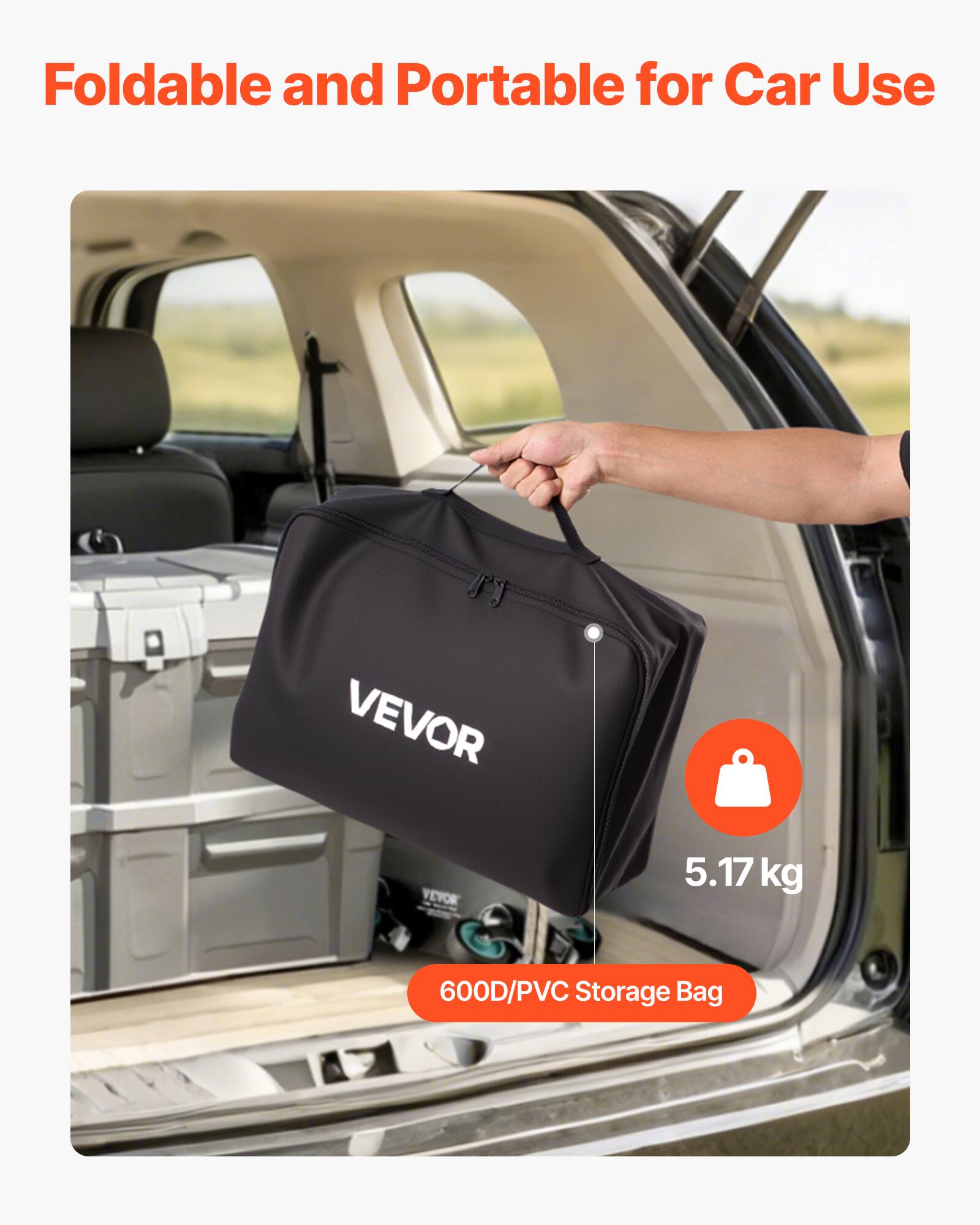 Foldable and Portable for Car Use

VEVOR

5.17 kg

600D/PVC Storage Bag