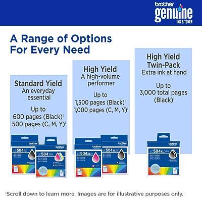 A Range of Options For Every Need

High Yield
A high-volume Standard Yield performer
An everyday essential
Up to 1,500 pages (Black)
Up to 1,000 pages (C, M, Y)
600 pages (Black)
500 pages (C, M, Y)

High Yield Twin-Pack
Extra ink at hand
Up to 3,000 total pages (Black)

brother genuine INX & TONER

brother C504
brother C504LAX
brother C504XL

Scroll down to learn more.
Images are for illustrative purposes only.