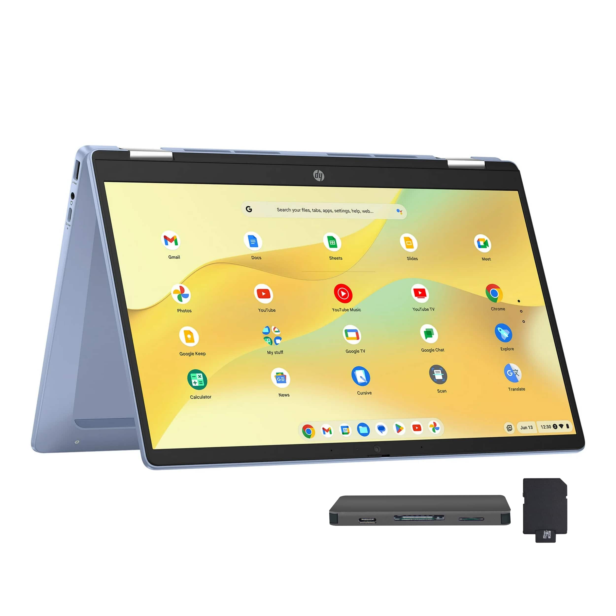 HP - Chromebook x360 14" FHD Touchscreen Laptop,Intel Processor N100,4GB RAM,64GB eMMC+160GB Dock Set,Chrome OS - Blue