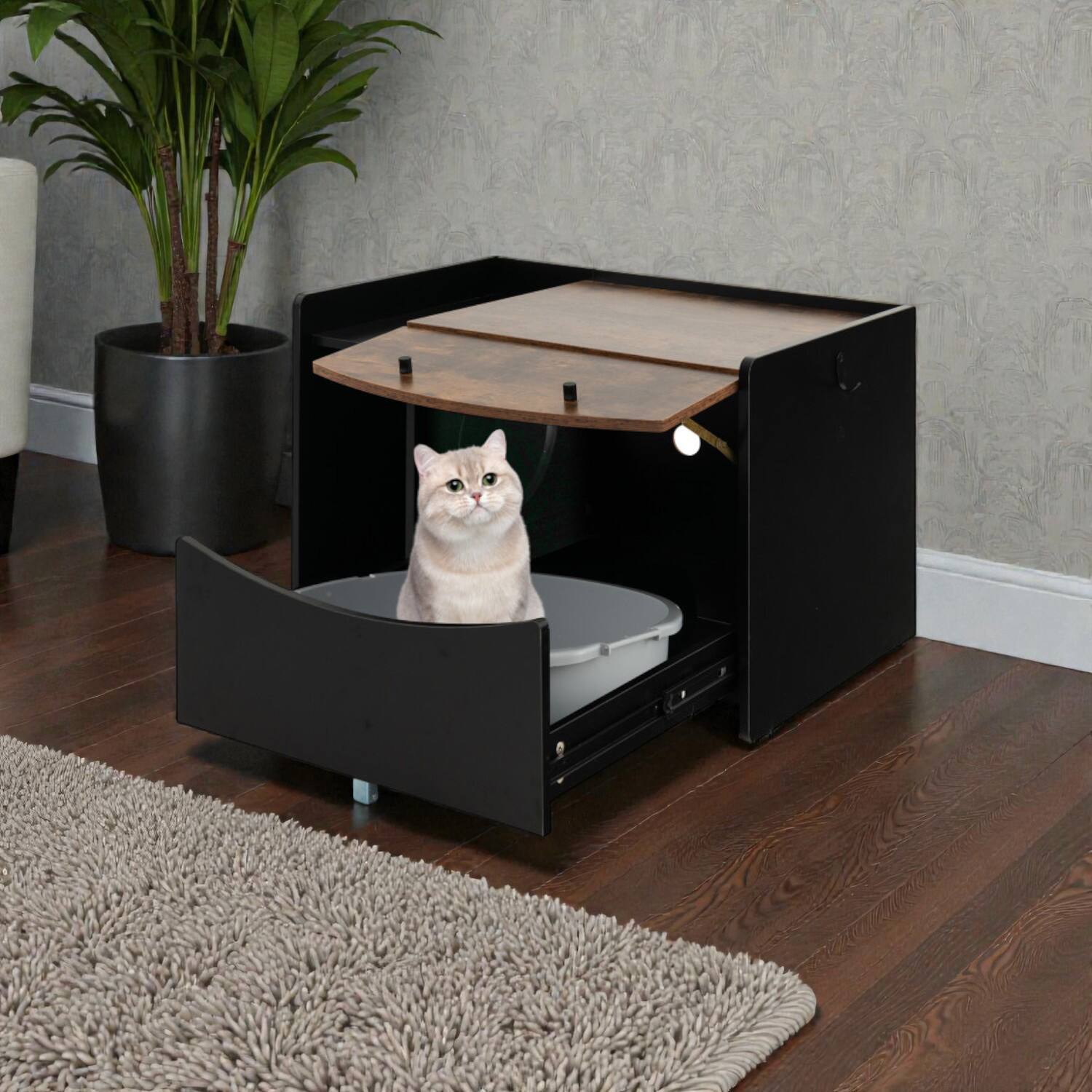 Front. BreeBe - Enclosed Cat Litter House Featuring Pull-Out Cleaning Drawer - Black, Coffee.