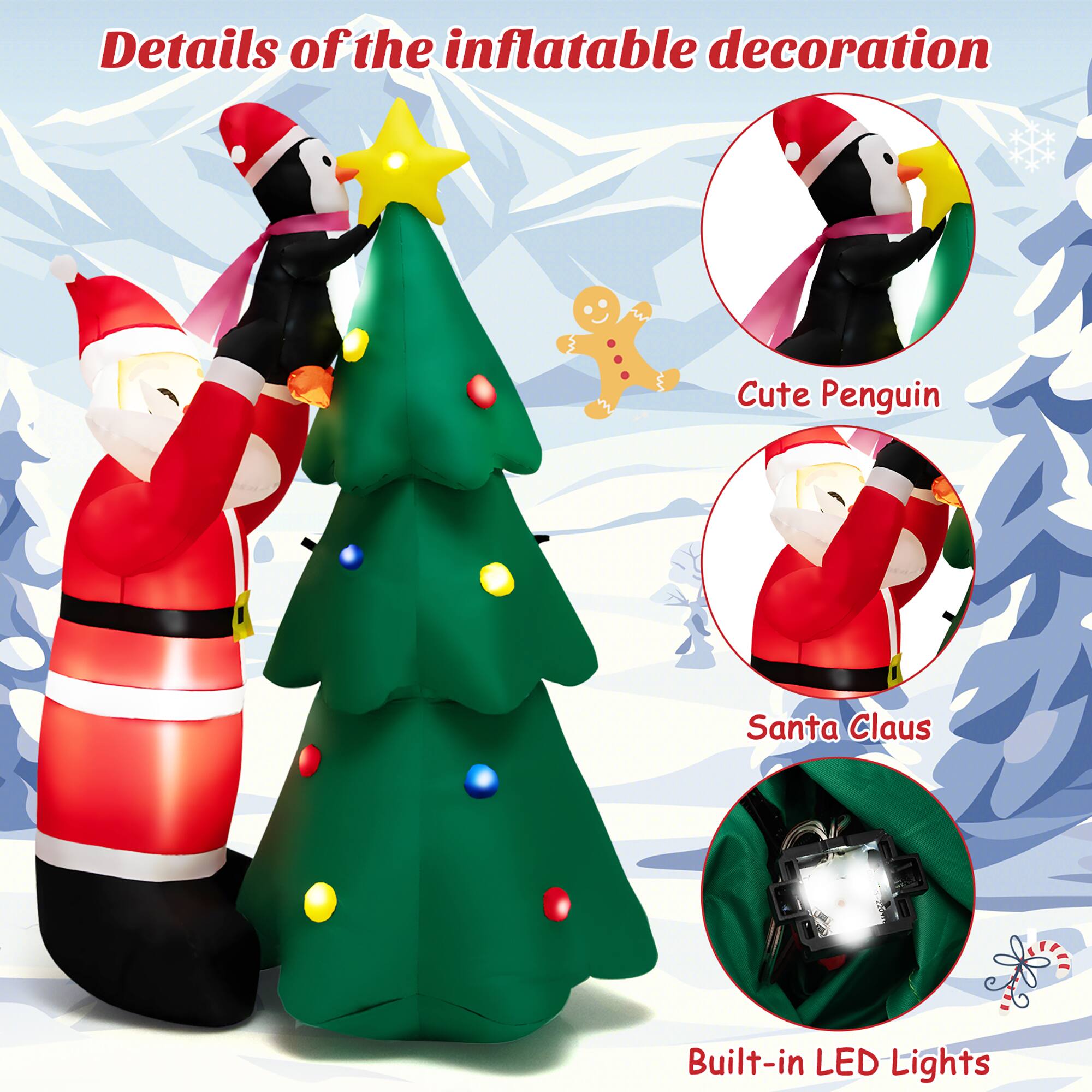 Details of the inflatable decoration include Cute Penguin, Santa Claus, and built-in LED lights.