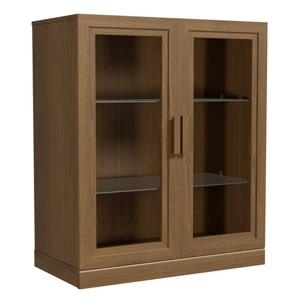 Alt View 2. Lirago - Solid Wood Accent Cabinet with Glass Doors Walnut Wood Grain Finish 36"H x 16"D x 31"W Storage Display - Walnut.