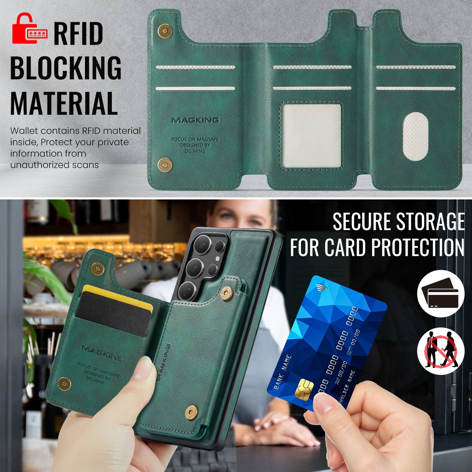 RFID BLOCKING MATERIAL

Wallet contains RFID material inside, Protect your private information from unauthorized scans

MAGKING FOCUS ON MAGSAPE DESIGNED 117 DOMING

SECURE STORAGE FOR CARD PROTECTION

BANK NAME 0000 0000 0000 0000
HOLDER
