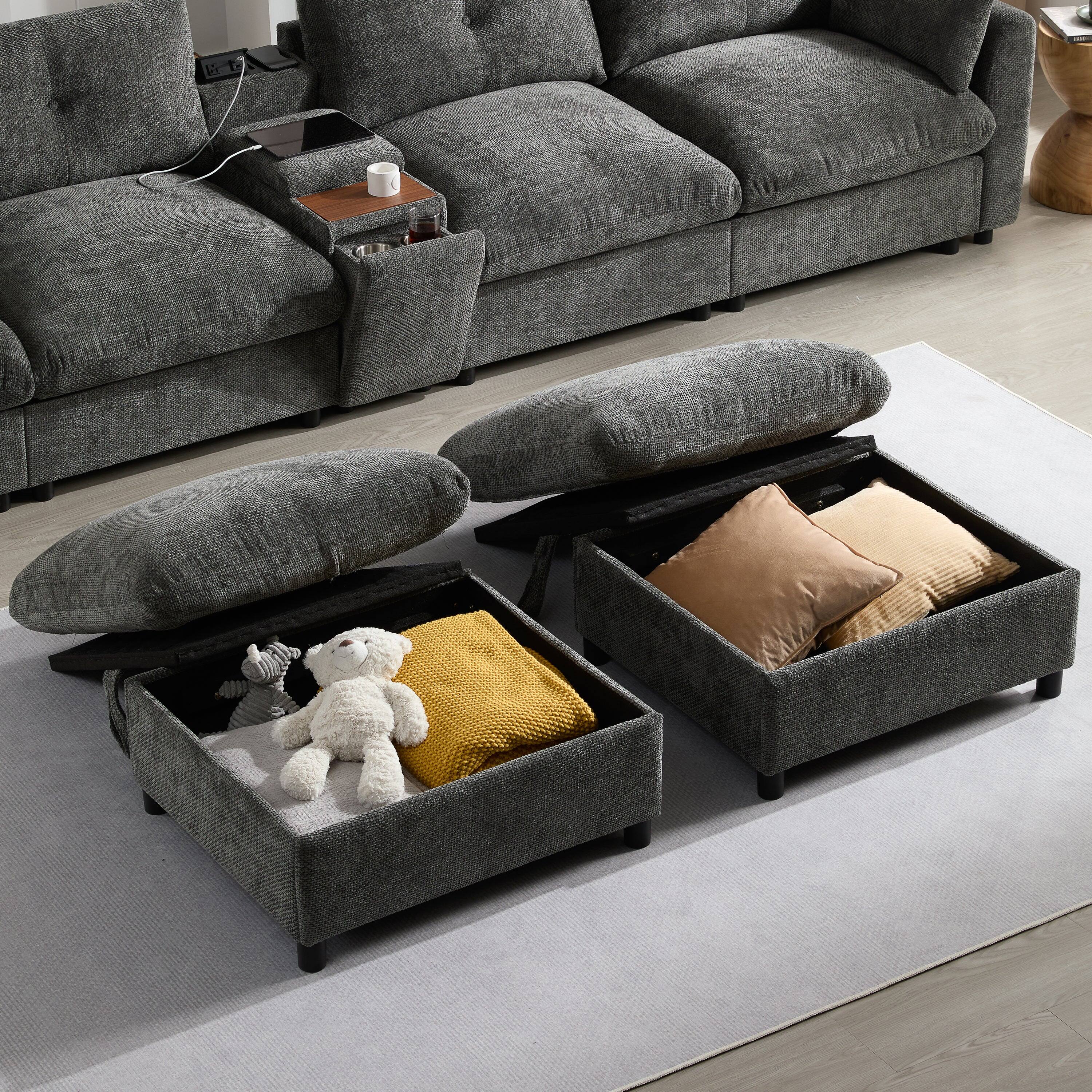 Alt View 4. Boyel Living - Modular Sectional Sofa Pull-line&Tufted Design USB Charger Movable Storage Ottoman Gray Chenille - Gray.
