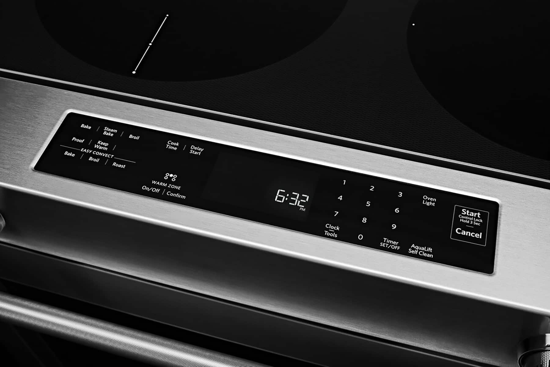 The text on the image reads:
Bake / Steam Bake / Proof Broil Keep Cook EASY Warm I Time I Delay Bake CONVECT Start / Broil I Roast 8 WARM ZONE On/Off Confirm 1 6:32 4 PM 7 Clock Tools 2 3 Oven 5 Light 6 8 9 o Timer SET/OFF AquaLift Self Clean Control Start Hold 3 Lock Sec Cancel