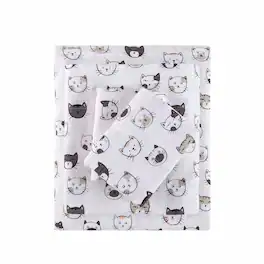 Gracie Mills - Atticus Cotton Flannel Printed Sheet Set - Grey/Pink Cats