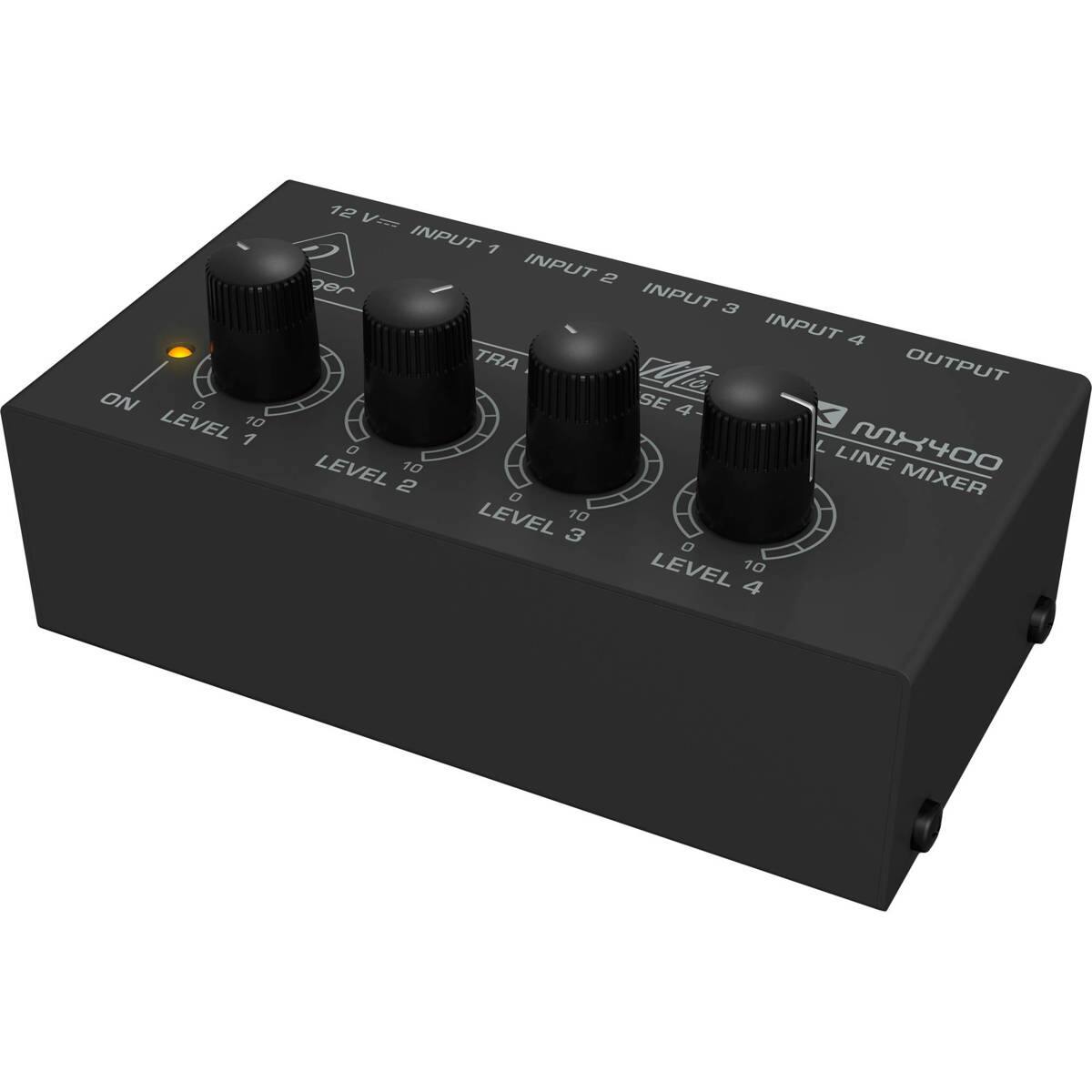 ON 0 LEVEL 10 1 12 V= INPUT 1 INPUT 2 INPUT 3 INPUT 4 TRA OUTPUT Mia SE 4 LEVEL 0 10 L LINE M400 2 0 MIXER LEVEL 10 3 0 LEVEL 10 4