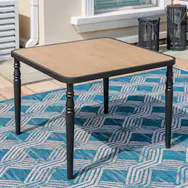 Nuu Garden - Patio Square Dining Table with Umbrella Hole, Wood-Grain Tabletop - Black and wood-grain finish