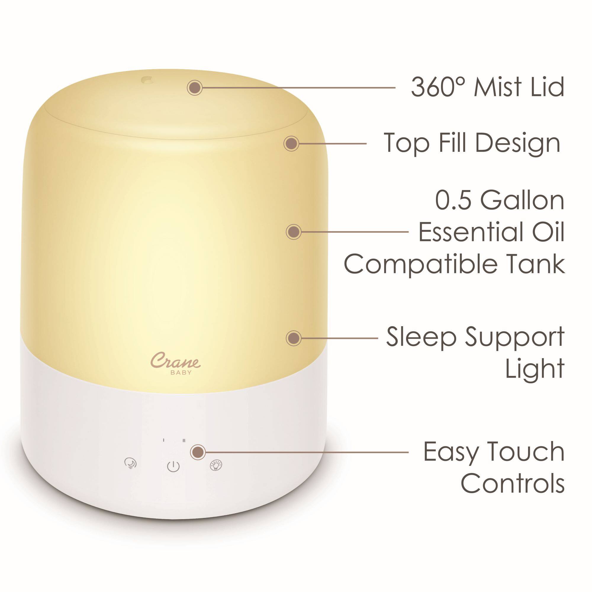 360° Mist Lid, Top Fill Design, 0.5 Gallon Essential Oil Compatible Tank, Sleep Support Light, Easy Touch Controls