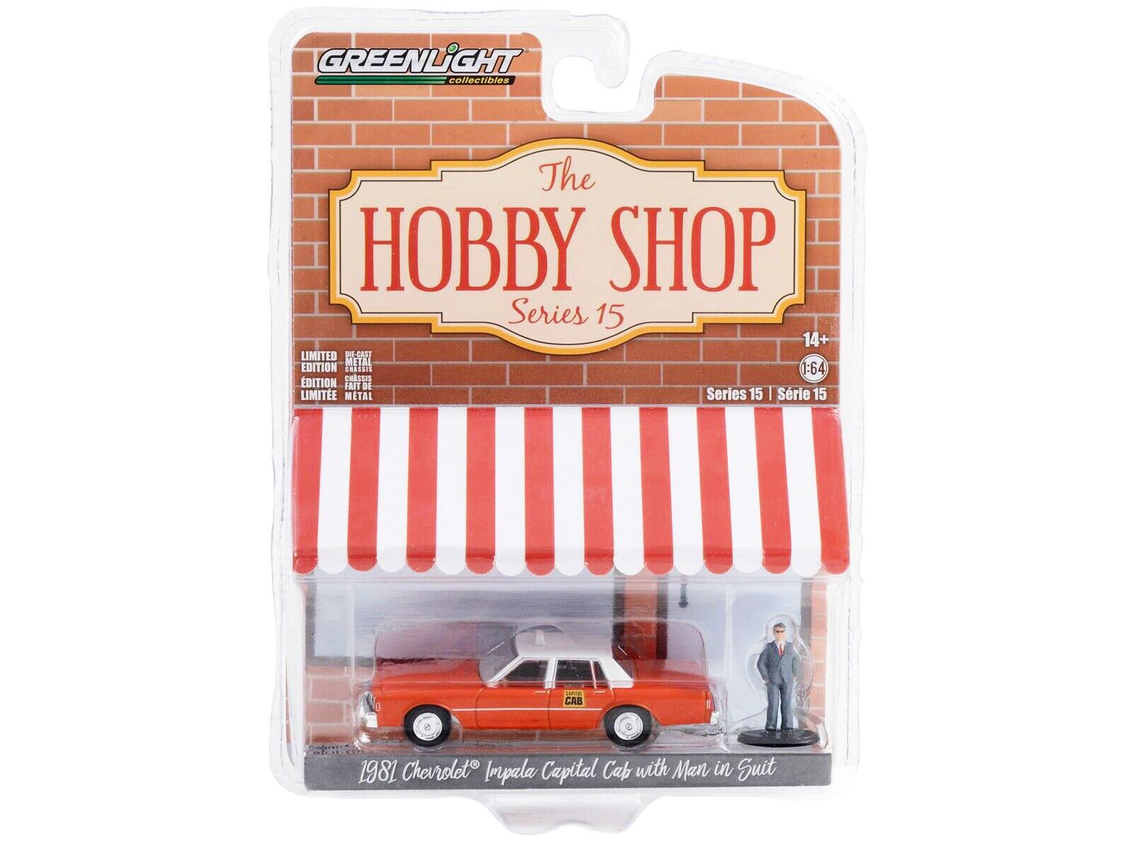 GREENLIGHT collectibles  
The HOBBY SHOP  
Series 15  
14+  
LIMITED E-CAST METAL EDITION  
C4 1:64  
1981 Chevrolet Impala Capital Cab with Man in Suit