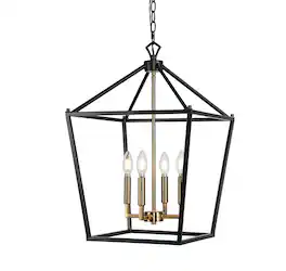 Jonathan Y - Pagoda 16" 4-Light Classic Traditional Metal Cage Lantern LED Pendant, Oil Rubbed Bronze/Brass Gold - Oil-Rubbed Bronze