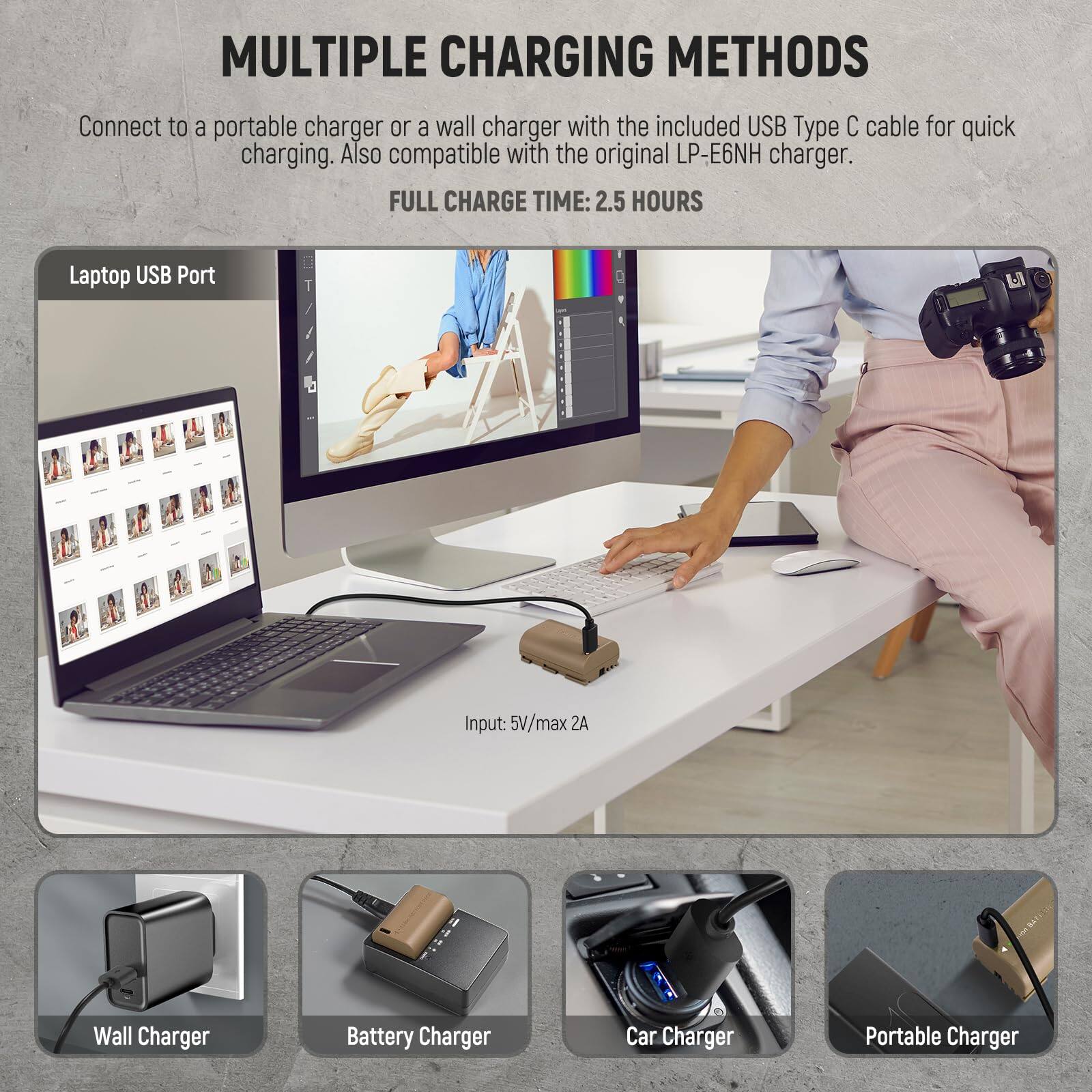 **MULTIPLE CHARGING METHODS**

Connect to a portable charger or a wall charger with the included USB Type C cable for quick charging. Also compatible with the original LP-E6NH charger.

**FULL CHARGE TIME: 2.5 HOURS**

- Laptop USB Port
  - Input: 5V/max 2A

- Wall Charger

- Battery Charger

- Car Charger

- Portable Charger