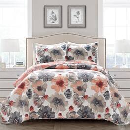Hivvago - Full/Queen Coral Grey Flowers Lightweight Polyester Microfiber Quilt Set - Gray