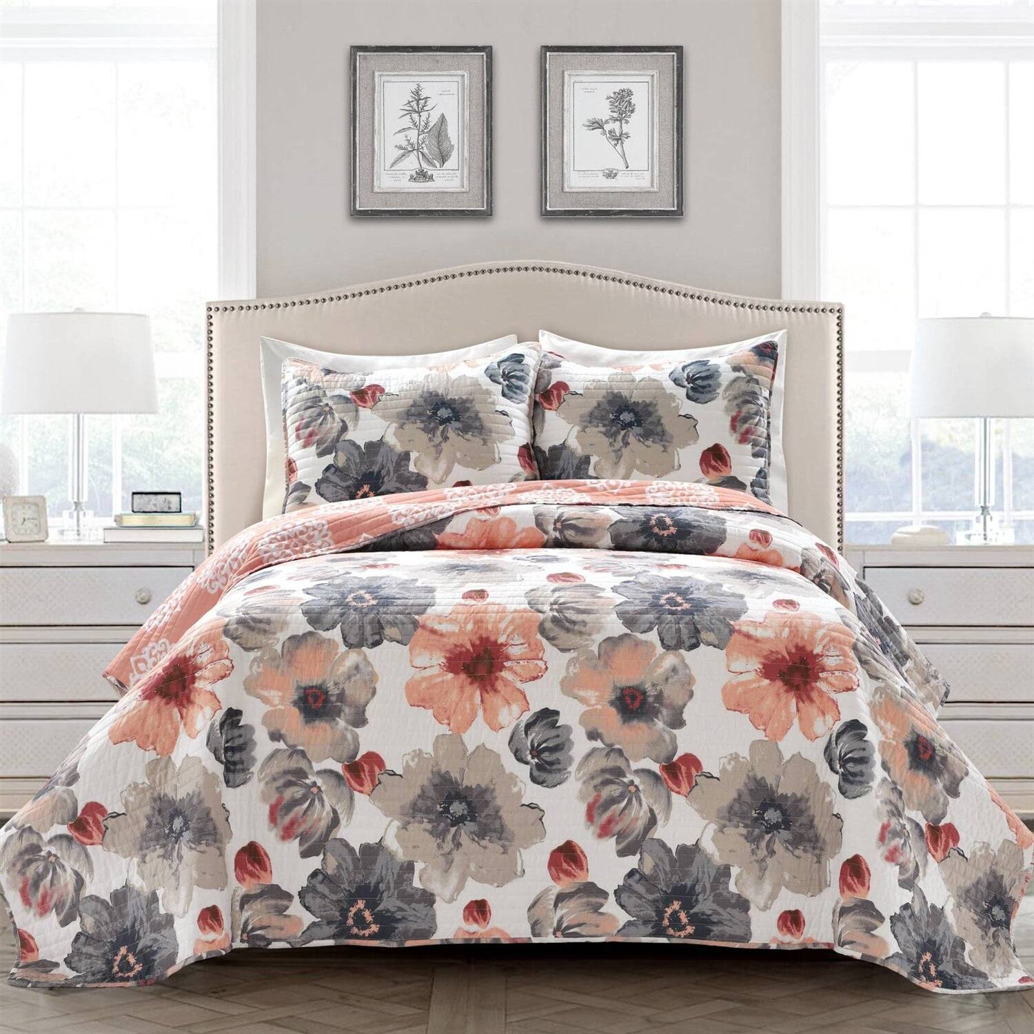 Front. Hivvago - King size Coral Grey Flowers Lightweight Polyester Microfiber Quilt Set - Grey.