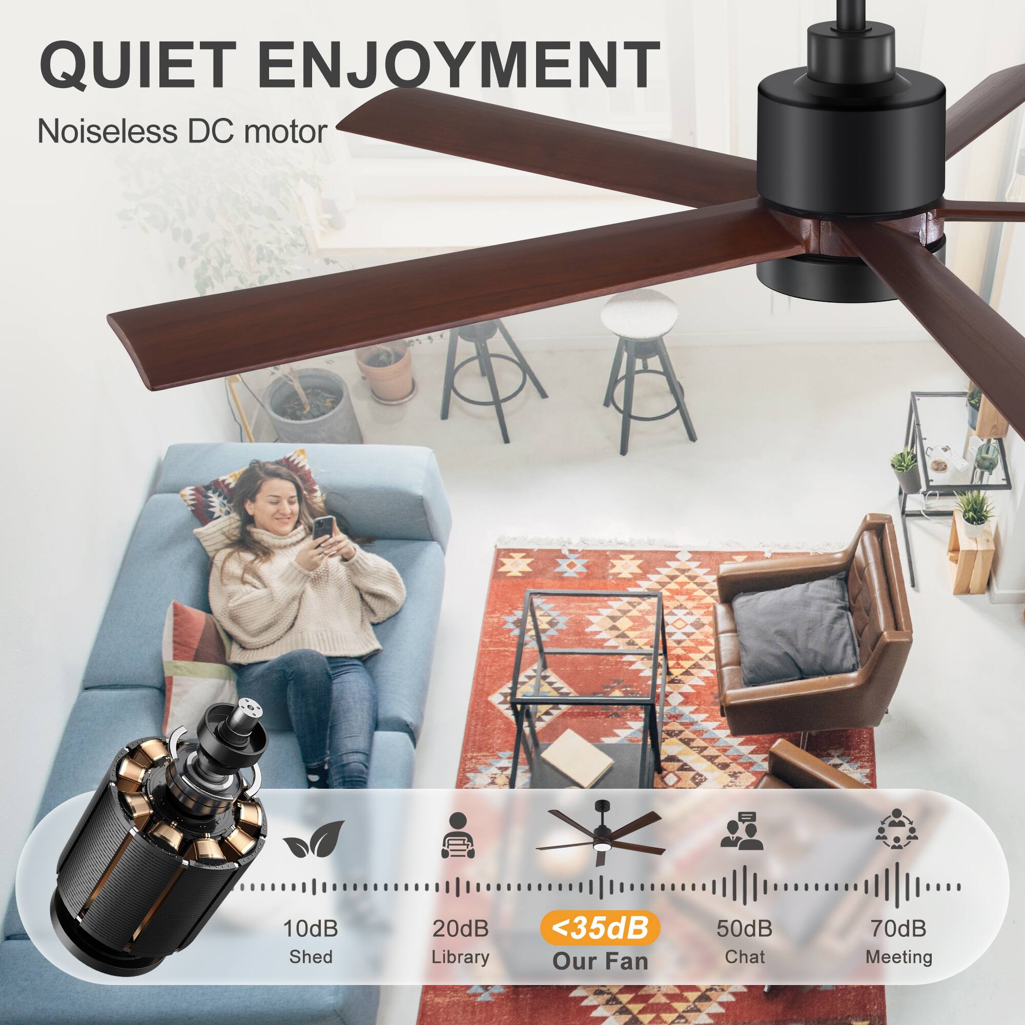 QUIET ENJOYMENT  
Noiseless DC motor  
10dB Shed  
20dB Library  
<35dB Our Fan  
50dB Chat  
70dB Meeting