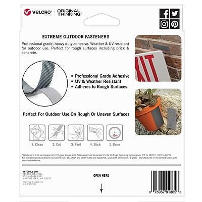 **Velcro Original Thinking**

**Extreme Outdoor Fasteners**

Professional grade, heavy-duty adhesive. Weather & UV resistant for outdoor use. Perfect for rough surfaces including brick & concrete.

- Professional Grade Adhesive
- UV & Weather Resistant
- Adheres to Rough Surfaces

Perfect for Outdoor Use on Rough or Uneven Surfaces

1. Clean
2. Cut
3. Peel
4. Stick
5. Done

**Instructions:**
1. Clean the surface to be adhered.
2. Cut the fastener to the desired size.
3. Peel the backing off the adhesive side.
4. Stick the fastener to the surface.
5. Done

**Additional Information:**
- For best results, ensure the surface is clean and dry.
- The adhesive is strong enough to hold up to 15 lbs per square inch.
- Not recommended for use on painted or treated surfaces.

**Contact Information:**
- velcro.com
- 1-800-VELCRO (1-800-835-2767)
- Made in USA

**Barcode:**
- 0 75967 91365 6

**Social Media Icons:**
