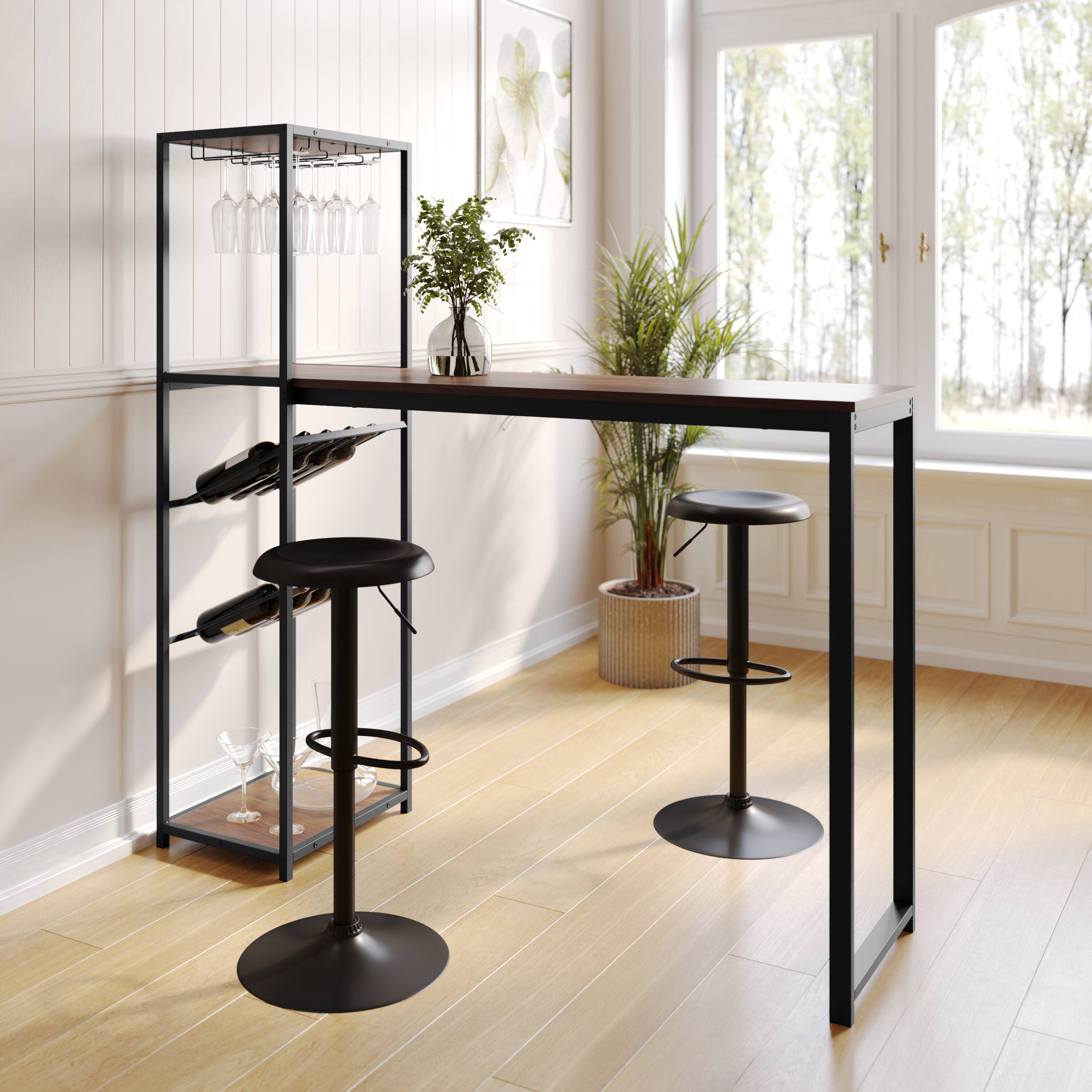 Alt View 2. Flash Furniture - Jura Metal Bar and Wine Table with 2 Slanted Shelves for Bottle Storage and Hanging Glass Storage, Black Frame with Waln - Black.