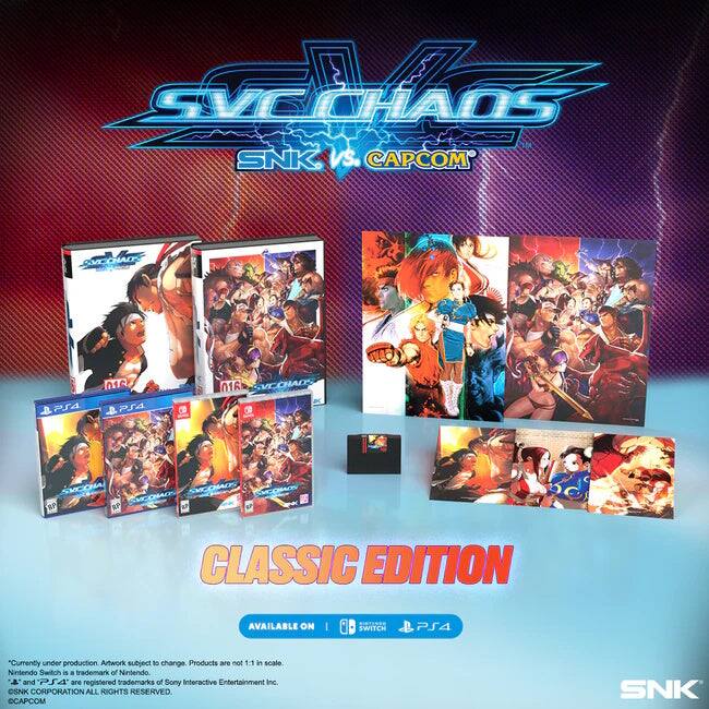 SYCCHAOS SNK vs. CAPCOM PS4 016 PS4 C 016 C CHACL SMCOIA AP 9P CLASSIC EDITION AVAILABLE ON I SWITCH PS4 "Currently under production Artwork subject to change Products are not 1:1 in scale Nintendo Switch is a trademark of Nintendo. and PJA are registered trademarks of Sony Interactive Entertainment Inc CSNK CORPORATION ALL RIGHTS RESERVED CAPCOM SNK