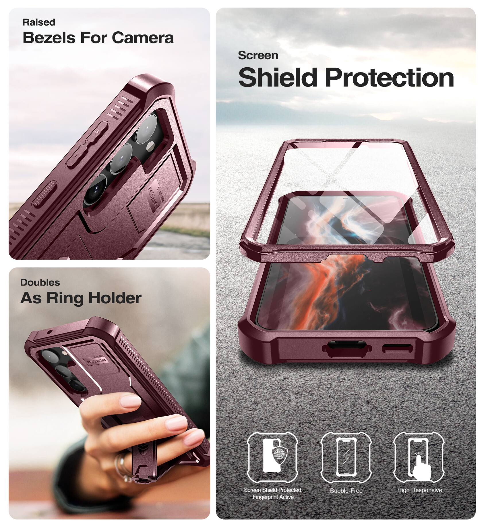 Raised Bezels For Camera, Screen Shield Protection, Doubles As Ring Holder, Screen Shield Protected, Fingerprint Active, Bubble-Free, High Responsive