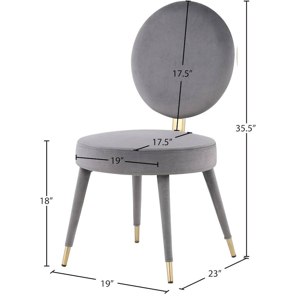17.5" (diameter of the seat)  
17.5" (diameter of the backrest)  
35.5" (overall height)  
19" (depth of the seat)  
18" (width of the seat)  
19" (distance from the front leg to the back leg)  
23" (distance from the side leg to the back leg)