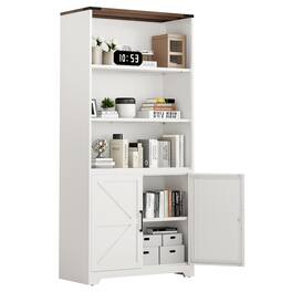 Winado - Farmhouse Metal Storage Cabinet Bookcase with Barn-Style Doors & Walnut Top, Adjustable Shelves for Study, Living Room - White