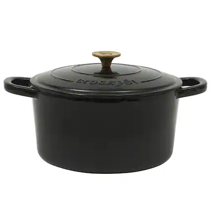Front. Crockpot - Crock Pot Artisan 7 Quart Round Enameled Cast Iron Dutch Oven in Black with Gold Handle - Black, Gold.