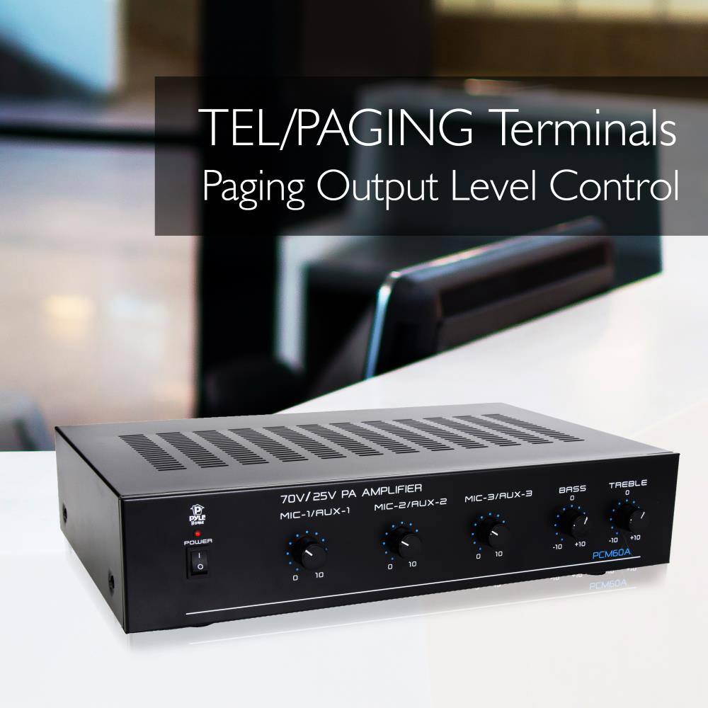 TEL/PAGING Terminals  
Paging Output Level Control  

70V/25V PA AMPLIFIER  
MIC-1/RUX-1  
MIC-2/RUX-2  
MIC-3/RUX-3  

BASS  
TREBLE  

PCM60A  

POWER