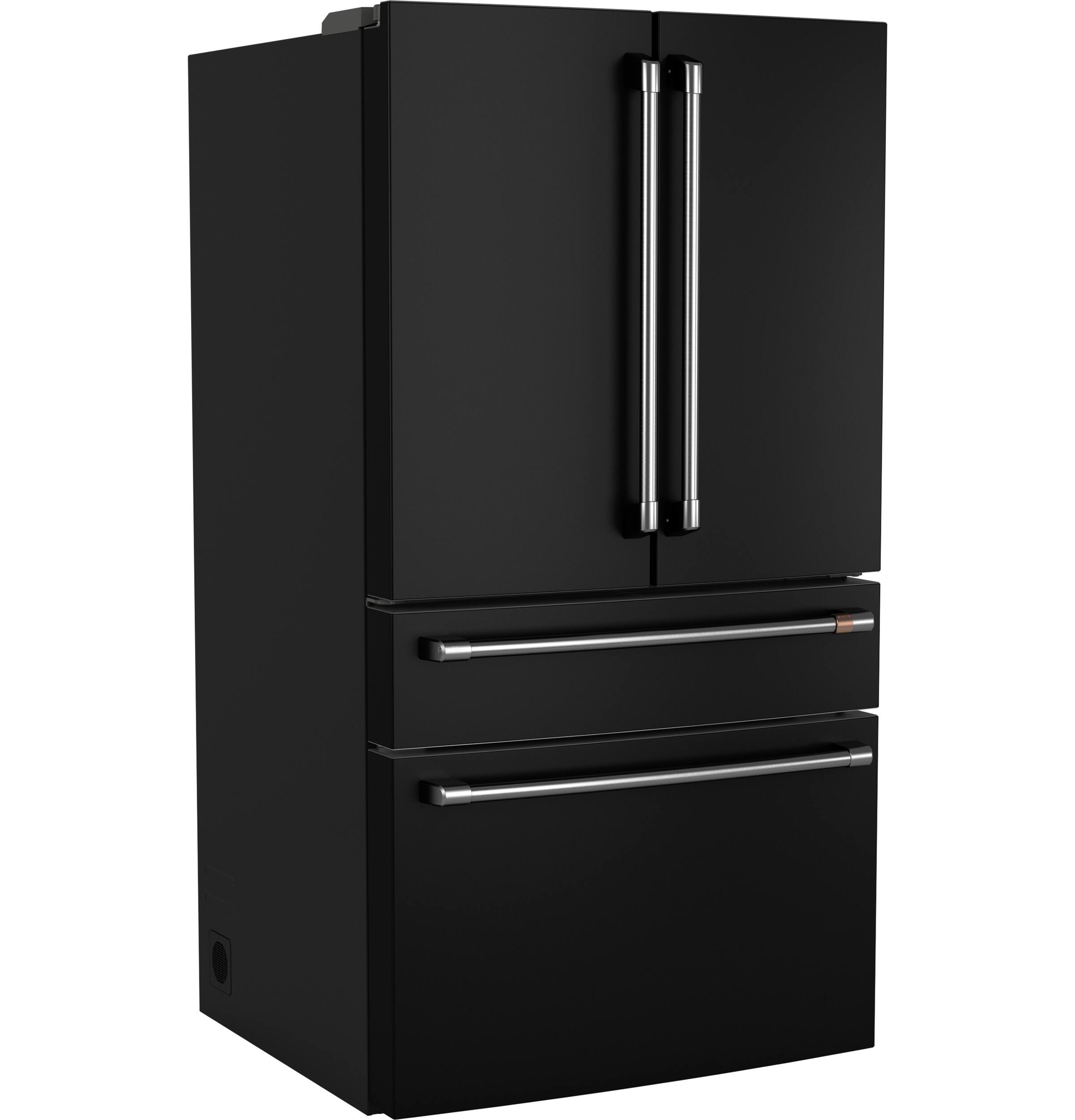 Angle. Café - 23.2 Cu. Ft. 4-Door French Door Counter-Depth Smart Refrigerator with Dual Dispense AutoFill Pitcher - Matte Black.