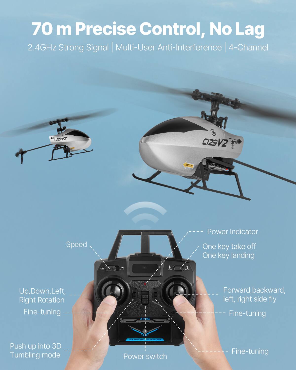 70 m Precise Control, No Lag  
2.4GHz Strong Signal | Multi-User Anti-Interference | 4-Channel  

- Speed  
- Up, Down, Left, Right Rotation Fine-tuning  
- Push up into 3D Tumbling mode  
- Power switch  
- Power Indicator  
- One key take off  
- One key landing  
- Forward, backward, left, right side fly Fine-tuning