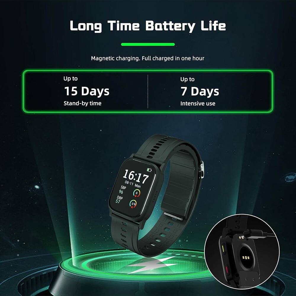 Long Time Battery Life  
Magnetic charging. Full charged in one hour  

Up to 15 Days Stand-by time  
Up to 7 Days Intensive use  

16:17  
08-11 Mon  
SBP 96  
DBP 57