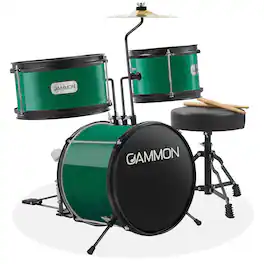 Gammon Percussion - 3pc Junior Drum Set - Beginner Kit with Throne - Cymbal - Drumsticks - Green