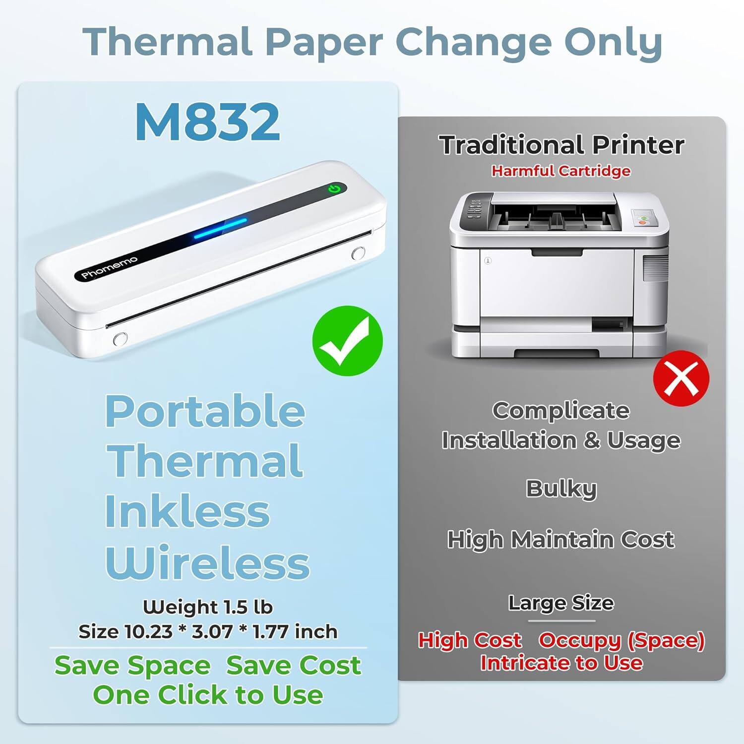 **Thermal Paper Change Only**

**M832**

- Portable
- Thermal
- Inkless
- Wireless

Weight 1.5 lb  
Size 10.23 * 3.07 * 1.77 inch

Save Space  
Save Cost  
One Click to Use

**Traditional Printer**  
Harmful Cartridge

- Complicate Installation & Usage
- Bulky
- High Maintain Cost
- Large Size
- High Cost
- Occupy (Space)
- Intricate to Use