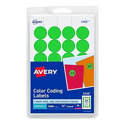 AVERY
5468
Color Coding Labels
Labels stick, stay and remove cleanly
REMOVABLE
1008 Labels
3/4" round
A-M N-Z
AVERY 5468