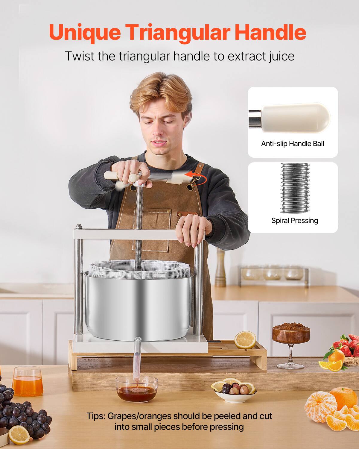 Unique Triangular Handle  
Twist the triangular handle to extract juice  

Anti-slip Handle Ball  
Spiral Pressing  

Tips: Grapes/oranges should be peeled and cut into small pieces before pressing