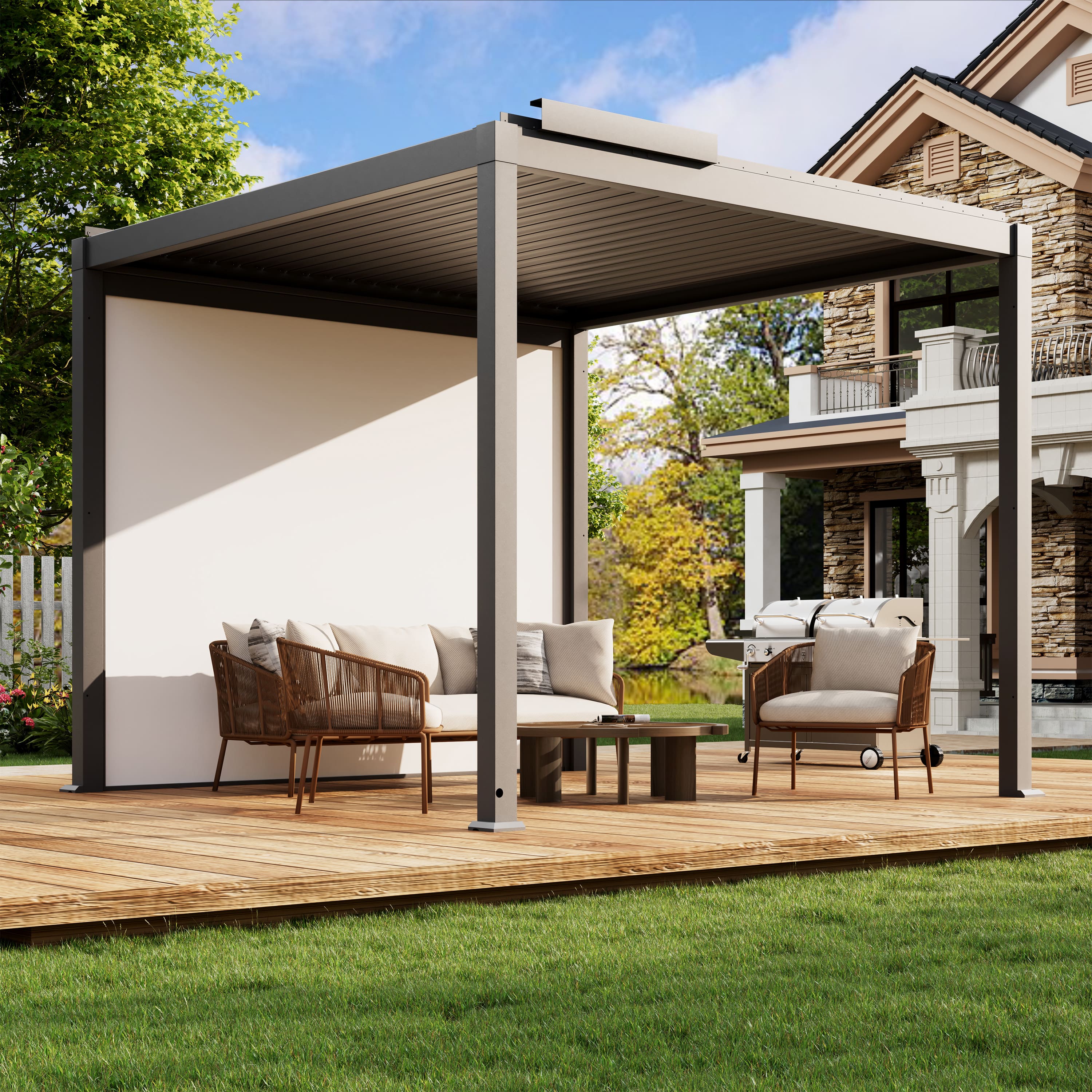 Mondawe - 10x10FT Electric Aluminum Louver Pergola with LED Lights and Motorized Outdoor Projector Screen - Gray