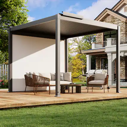 Front. Mondawe - 10x10FT Electric Aluminum Louver Pergola with LED Lights, Rain Sensor, and Outdoor Motorized Projector Screen - Gray.