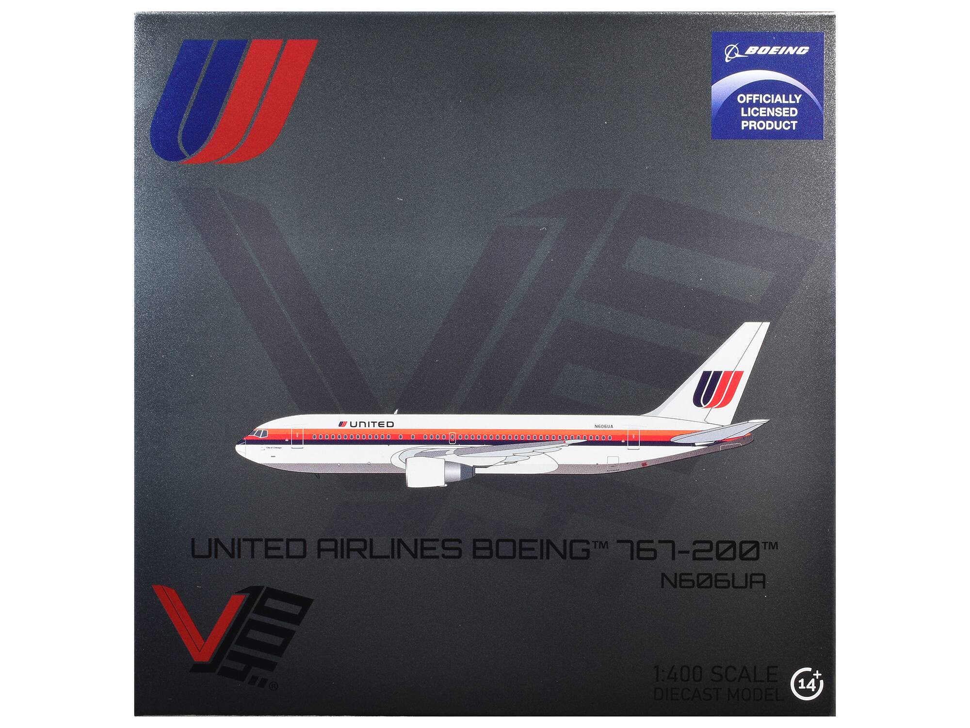 BOEING  
OFFICIALLY LICENSED PRODUCT  
UNITED ASSOCIATES  
UNITED AIRLINES BOEING™ 767-200 N606UA  
1:400 SCALE + 14 DIECAST MODEL