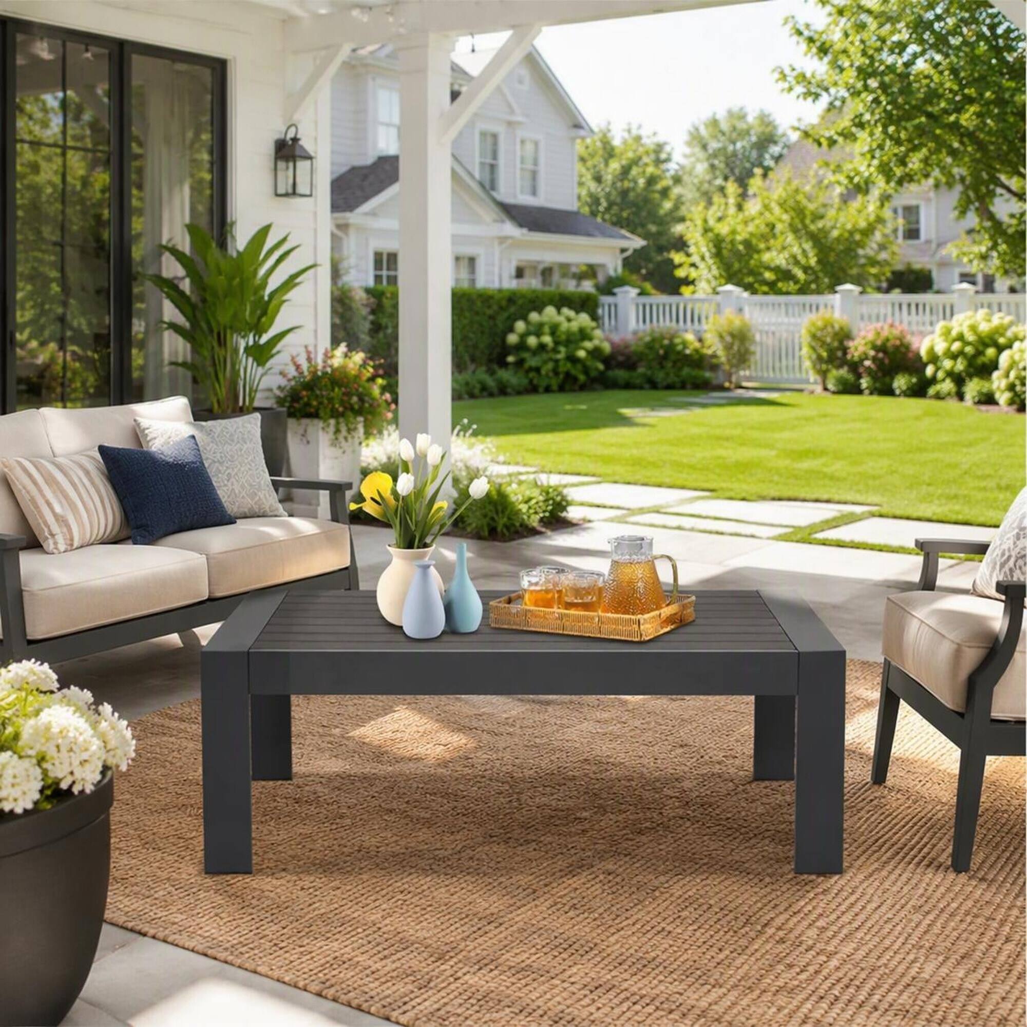 Back. RYHNUYNE - 43" Rectangular Patio Coffee Table,Modern Gray Outdoor Furniture for Deck Balcony Poolside and Garden - Gray.