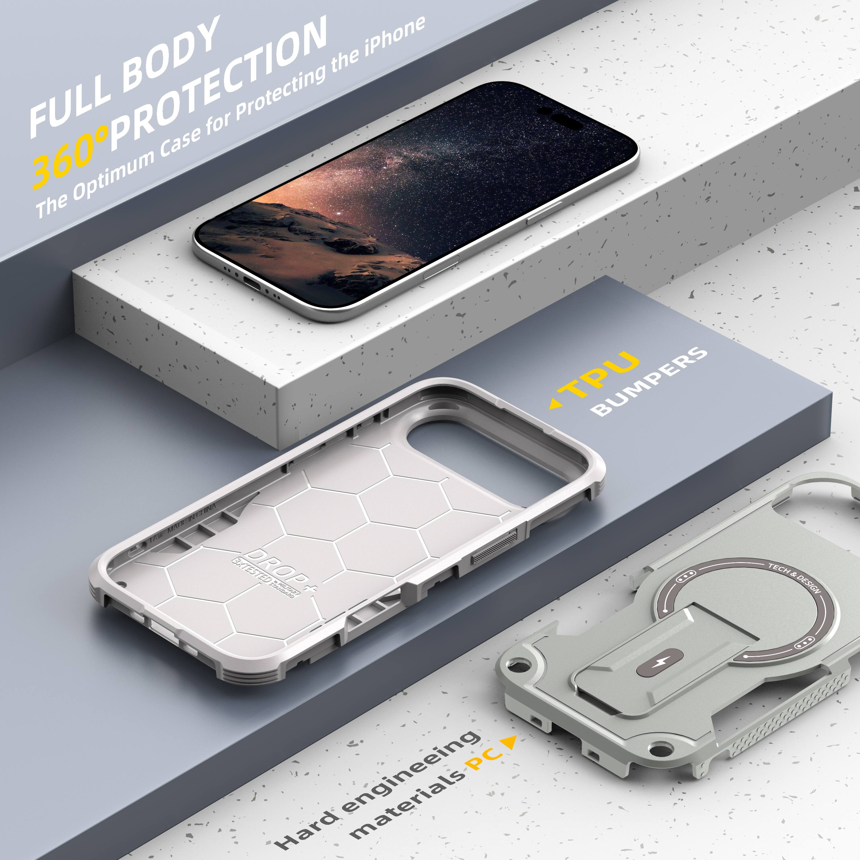 FULL BODY 360° PROTECTION  
The Optimum Case for Protecting the iPhone  

TPU BUMPERS  

Hard engineering materials PC  

TECH&DESIGN